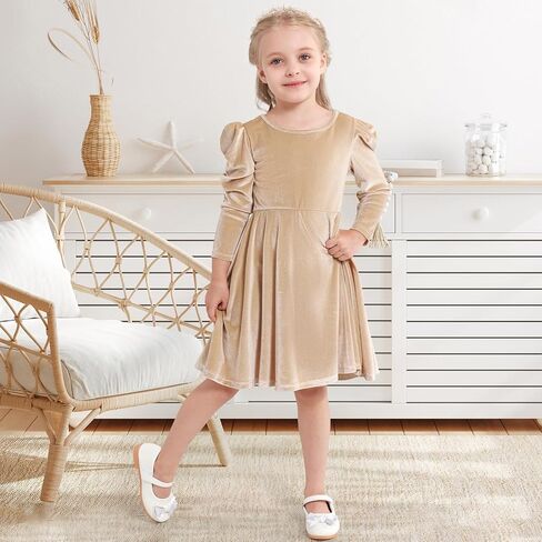 فساتين مخملية للفتيات بأكمام طويلة وظهر على شكل فيونكة لحفلات العطلات، ملابس للأطفال الصغار في الخريف والشتاء، من عمر 3 إلى 8 سنوات in Kuwait