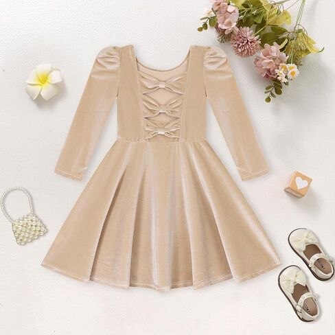 فساتين مخملية للفتيات بأكمام طويلة وظهر على شكل فيونكة لحفلات العطلات، ملابس للأطفال الصغار في الخريف والشتاء، من عمر 3 إلى 8 سنوات in Kuwait