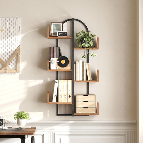 HOOBRO Tree Floating Shelves for Wall, Arc-Shaped Wall Mounted Shelf, 6-Tier Multi-Functional Hanging Bookshelf for Storage, Living Room, Bedroom, Home Office, Rustic Brown and Black BF56BJ01 in Saudi Arabia