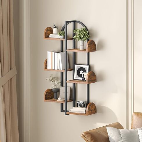 HOOBRO Tree Floating Shelves for Wall, Arc-Shaped Wall Mounted Shelf, 6-Tier Multi-Functional Hanging Bookshelf for Storage, Living Room, Bedroom, Home Office, Rustic Brown and Black BF56BJ01 in Saudi Arabia