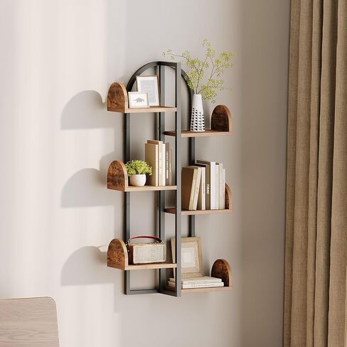 HOOBRO Tree Floating Shelves for Wall, Arc-Shaped Wall Mounted Shelf, 6-Tier Multi-Functional Hanging Bookshelf for Storage, Living Room, Bedroom, Home Office, Rustic Brown and Black BF56BJ01 in Saudi Arabia