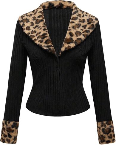 WDIRARA Women's Y2k Leopard Faux Fur Trim Coat Long Sleeve Button Down Knit Outerwear Clubwear in Saudi Arabia