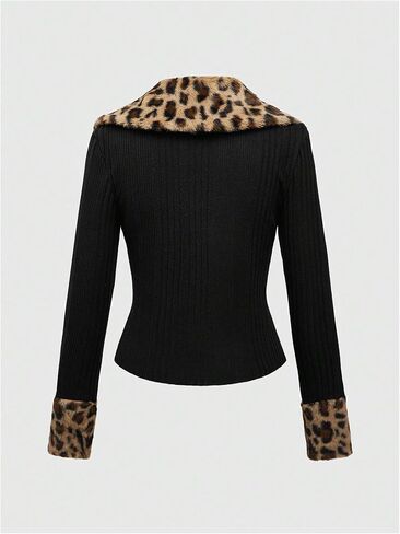 WDIRARA Women's Y2k Leopard Faux Fur Trim Coat Long Sleeve Button Down Knit Outerwear Clubwear in Saudi Arabia
