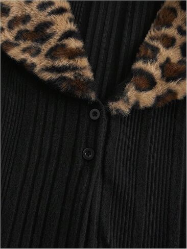 WDIRARA Women's Y2k Leopard Faux Fur Trim Coat Long Sleeve Button Down Knit Outerwear Clubwear in Saudi Arabia