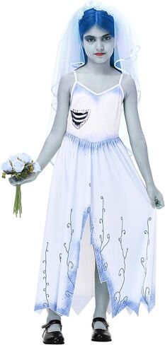 AOBUTE Halloween Girls Blue Zombie Bride Dress Sleeveless V Neck Party Dresses 3-14 Years in Saudi Arabia