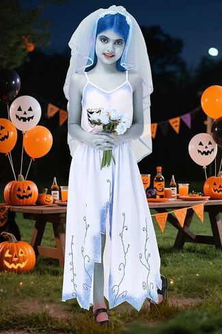 AOBUTE Halloween Girls Blue Zombie Bride Dress Sleeveless V Neck Party Dresses 3-14 Years in Saudi Arabia