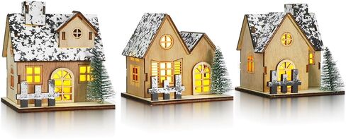 TOYANDONA 3 Pcs Christmas Village Sets - Wooden Christmas Village Houses LED Lighted Snow Villages Houses for Xmas Tabletop Decorations Collectible Buildings in Saudi Arabia