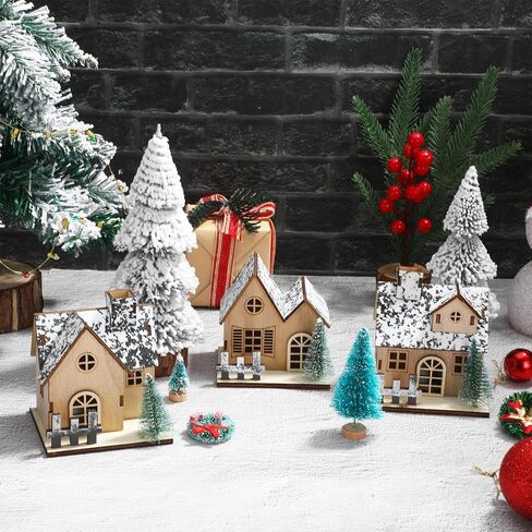 TOYANDONA 3 Pcs Christmas Village Sets - Wooden Christmas Village Houses LED Lighted Snow Villages Houses for Xmas Tabletop Decorations Collectible Buildings in Saudi Arabia