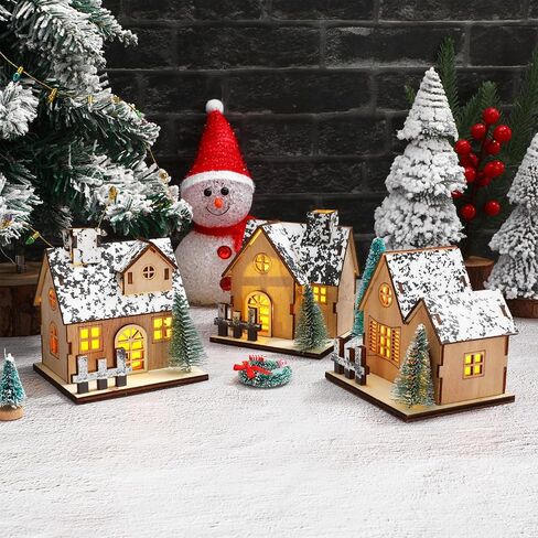 TOYANDONA 3 Pcs Christmas Village Sets - Wooden Christmas Village Houses LED Lighted Snow Villages Houses for Xmas Tabletop Decorations Collectible Buildings in Saudi Arabia