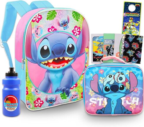 Disney Stitch Backpack with Lunchbox for Girls - Bundle 15" School Bag, Lunch Bag, Water Bottle, More | Lilo and Stitch School Backpack with Lunch Box Set for Kids in Saudi Arabia