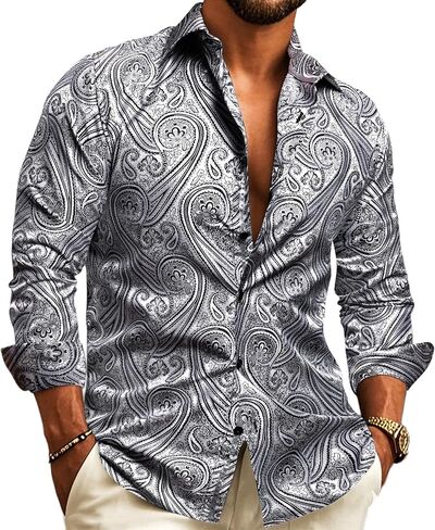 Barry.Wang Men's Dress Shirt Paisley Silk Long Sleeve Button Down Shirts Formal Wedding Regular Fit Tops Disco Party in Kuwait