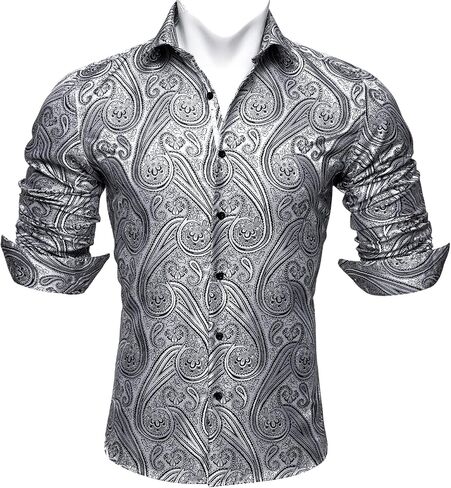 Barry.Wang Men's Dress Shirt Paisley Silk Long Sleeve Button Down Shirts Formal Wedding Regular Fit Tops Disco Party in Kuwait