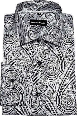 Barry.Wang Men's Dress Shirt Paisley Silk Long Sleeve Button Down Shirts Formal Wedding Regular Fit Tops Disco Party in Kuwait