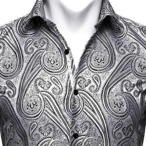 Barry.Wang Men's Dress Shirt Paisley Silk Long Sleeve Button Down Shirts Formal Wedding Regular Fit Tops Disco Party in Kuwait