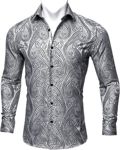 Barry.Wang Men's Dress Shirt Paisley Silk Long Sleeve Button Down Shirts Formal Wedding Regular Fit Tops Disco Party in Kuwait