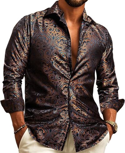 Barry.Wang Men's Dress Shirt Paisley Silk Long Sleeve Button Down Shirts Formal Wedding Regular Fit Tops Disco Party in Kuwait