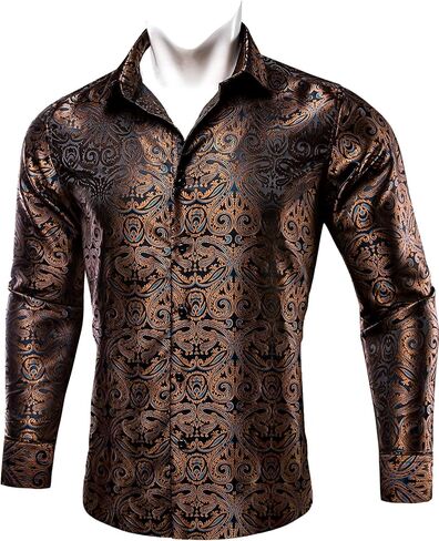 Barry.Wang Men's Dress Shirt Paisley Silk Long Sleeve Button Down Shirts Formal Wedding Regular Fit Tops Disco Party in Kuwait