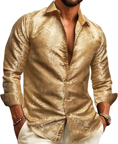 Barry.Wang Men's Dress Shirt Paisley Silk Long Sleeve Button Down Shirts Formal Wedding Regular Fit Tops Disco Party in Saudi Arabia