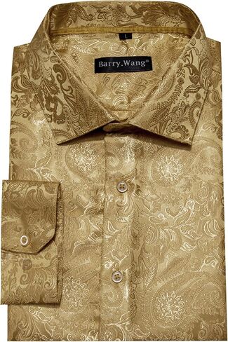 Barry.Wang Men's Dress Shirt Paisley Silk Long Sleeve Button Down Shirts Formal Wedding Regular Fit Tops Disco Party in Saudi Arabia