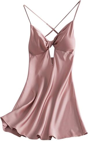Oplxuo Satin Nightgown for Women Sexy Sleep Dress with Built in Bra Sleeveless Silk Sleepwear Spaghetti Strap Cami Nightdress in Saudi Arabia