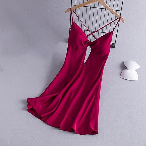 Oplxuo Satin Nightgown for Women Sexy Sleep Dress with Built in Bra Sleeveless Silk Sleepwear Spaghetti Strap Cami Nightdress in Saudi Arabia