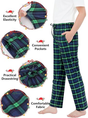 Cooraby Boys Plaid Pants with Pockets Elastic Waist Drawstring Printed Plaid Pants Christmas Plaid Pants for Boys Girls in Kuwait