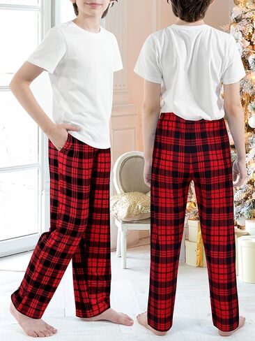 Cooraby Boys Plaid Pants with Pockets Elastic Waist Drawstring Printed Plaid Pants Christmas Plaid Pants for Boys Girls in Kuwait