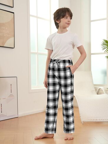Cooraby Boys Plaid Pants with Pockets Elastic Waist Drawstring Printed Plaid Pants Christmas Plaid Pants for Boys Girls in Kuwait