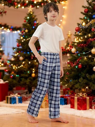 Cooraby Boys Plaid Pants with Pockets Elastic Waist Drawstring Printed Plaid Pants Christmas Plaid Pants for Boys Girls in Kuwait
