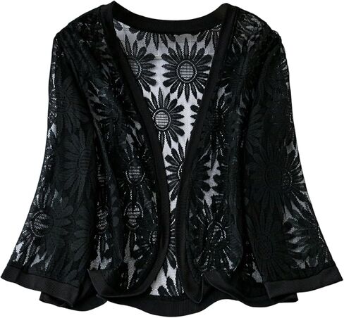 WDIRARA Women's Plus Size 3/4 Sleeve Lace Jackets Open Front Sheer Mesh Bolero Shrug in Saudi Arabia