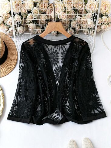 WDIRARA Women's Plus Size 3/4 Sleeve Lace Jackets Open Front Sheer Mesh Bolero Shrug in Saudi Arabia