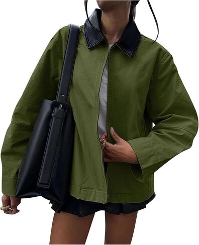 COZYPOIN Womens Lightweight Jacket Contrast PU Leather Zip Up Utility Cargo Barn Coat Fall Canvas Outwear with Pockets in Saudi Arabia