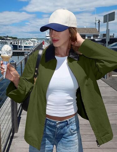 COZYPOIN Womens Lightweight Jacket Contrast PU Leather Zip Up Utility Cargo Barn Coat Fall Canvas Outwear with Pockets in Saudi Arabia