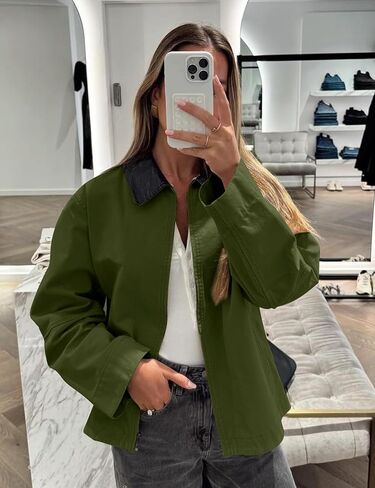 COZYPOIN Womens Lightweight Jacket Contrast PU Leather Zip Up Utility Cargo Barn Coat Fall Canvas Outwear with Pockets in Saudi Arabia