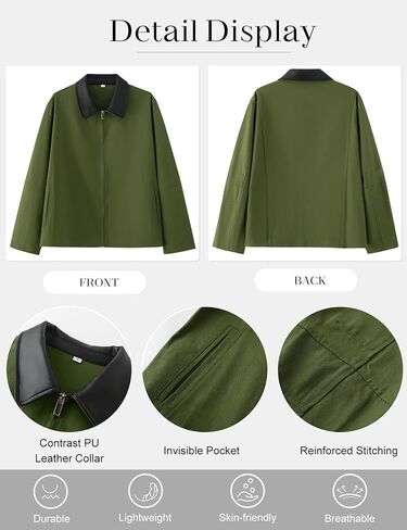 COZYPOIN Womens Lightweight Jacket Contrast PU Leather Zip Up Utility Cargo Barn Coat Fall Canvas Outwear with Pockets in Saudi Arabia