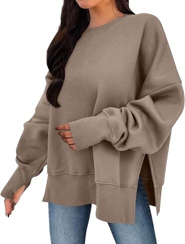 المرأة المتضخم بلوزات الإبهام الجانب الشق البلوز الأعلى عادية Crewneck كم طويل البلوز in Saudi Arabia