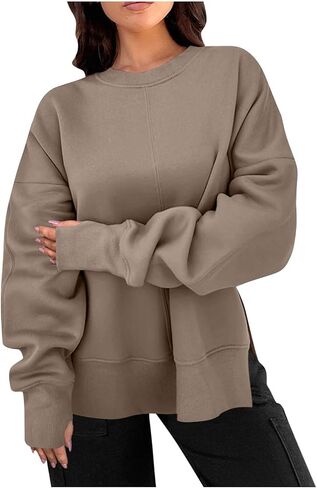 المرأة المتضخم بلوزات الإبهام الجانب الشق البلوز الأعلى عادية Crewneck كم طويل البلوز in Saudi Arabia