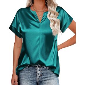 بلوزة حريمي كاجوال من الساتان بأكمام قصيرة ورقبة على شكل حرف V صيفية علوية متينة للمكتب S-XXL in Kuwait