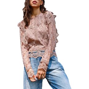 Women's Hollowed Lace Blouse Soft Long Sleeves Ruffle Trim Elegant Shirt Tops
