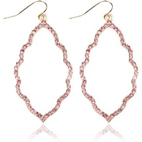 Sparkly Cubic Rhinestone Geometric Lightweight Open Hoop Earrings - Cut-Out Drop Dangles Scalloped, Moroccan Floral, Quatrefoil Clover, Kite