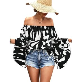 SOLY HUX Women's Allover Print Off The Shoulder Flounce 3/4 Sleeve Blouse Top