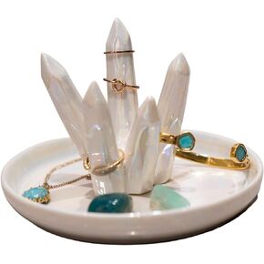 Ring Holder Healing Crystal Cluster Shaped Jewelry Tray White Iridescent Pearl Glazed