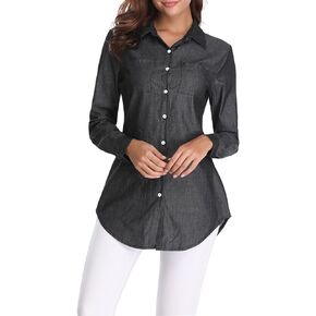 Fuinloth Women's Chambray Button Down Shirt, Long Sleeve Cotton Blouse, Long Jeans Tunic Top Black 2X-Large