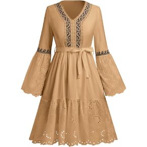 ABEWIP Women Bohemian Flower Embroidered Midi Dress Boho Mexican Long Sleeve V-Neck Ruffle Dresses