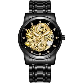 Weicam Men’s Luxury Mechanical Skeleton Automatic Self-Winding Stainless Steel Lumious Watch Dragon Carved Dial Diamond Business Watches Waterproof Wristwatch