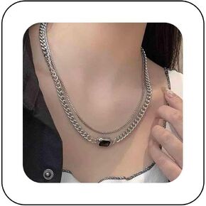 Punk Layered Choker Necklace Black Gemstone Pendant Necklace Black Square Crystal Necklace Thick Silver Necklace Chain Jewelry for Women and Girls Gifts