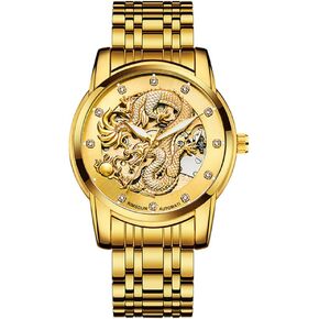 Weicam Men’s Luxury Mechanical Skeleton Automatic Self-Winding Stainless Steel Lumious Watch Dragon Carved Dial Diamond Business Watches Waterproof Wristwatch