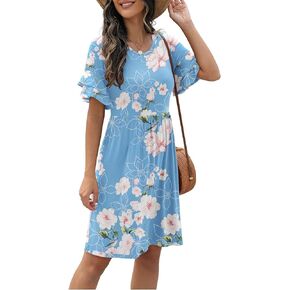 ONLYSTORY Women's Summer Casual Ruffle Short Sleeve Dress Loose Plain Knee Length Cute Dresses