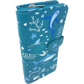 Shag Wear Shark Pattern Large Beach Wallet for Women and Teen Girls Vegan Faux Leather 7" Teal