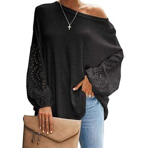 Bunanphy Off The Shoulder Waffle Knit Long Sleeve Pullover Tops Lantern Sleeves Oversized Shirt Blouse for Women in Kuwait